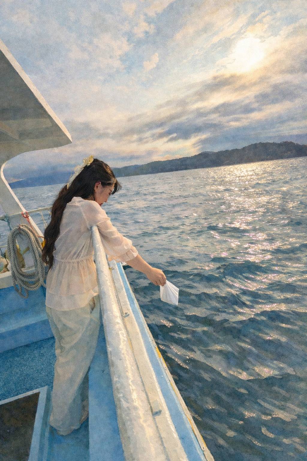 船べり（乾舷）が高い外洋対応の船で、水に溶ける袋に納めたまま海へお還しする海洋散骨の様子。風で舞いにくい方法。